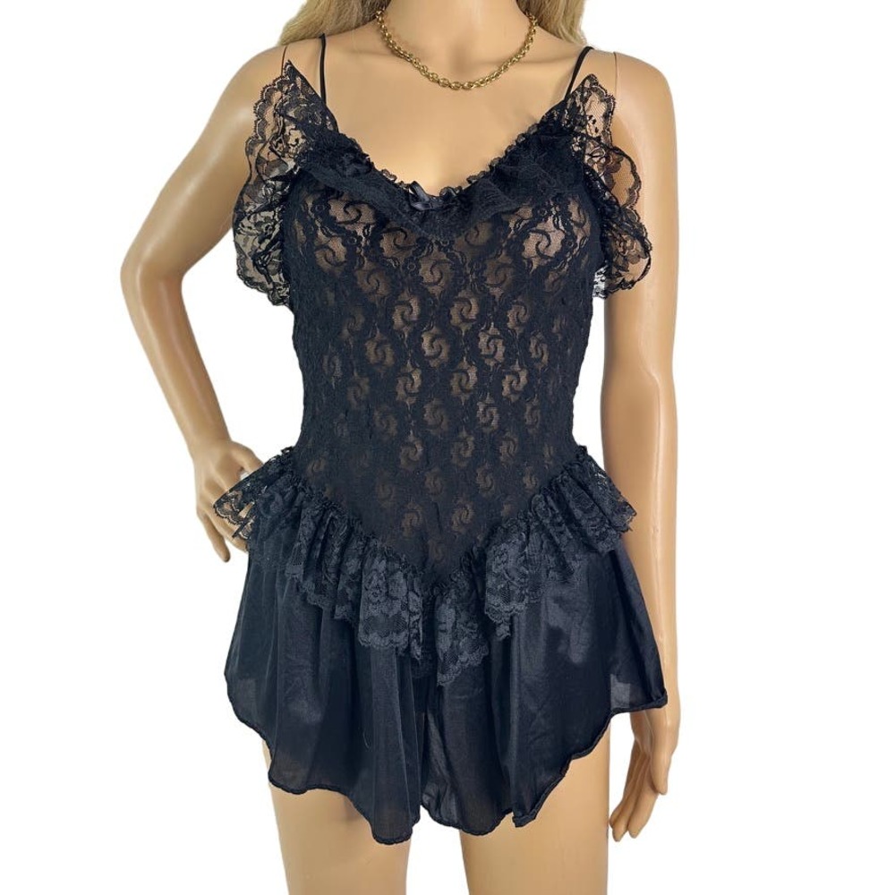 Vintage 1980'S Andrea Kristoff for Escante Lingerie Black Lace Ruffled Size S